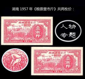 人物专题：湖南1957年《粮票---壹市斤》共两枚合计价：品相漂亮。谢绝还价。