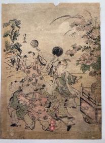 风林斋藏 鸟居清长原版画《唐子图》日本浮世绘六大家之二 1780年代古董木版画 16开中判 孩童年画 肯贝尔藏品之花卉