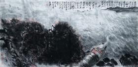 王涛 （大江东去） 山水人物横幅  写意国画手绘水墨画