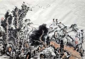 沈三草  天高云淡  山水人物横幅 手绘国画作品