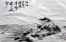 陈良敏  人物横幅（独钓图） 手绘国画作品