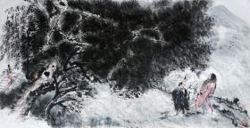 王涛 （虎溪三笑） 山水人物横幅  写意国画手绘水墨画