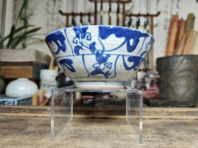 百年历史民俗青花瓷器传世真品清代末年青花灵芝纹碗