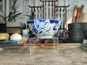 清代末年百年历史民俗瓷器老物件青花灵芝纹碗