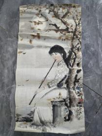 70年代知青画家手绘中国画美女吹箫图