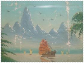 漂亮的手绘山水帆船纹旧油画