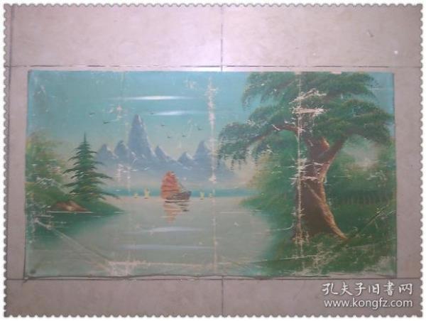 漂亮的手绘山水帆船纹旧油画