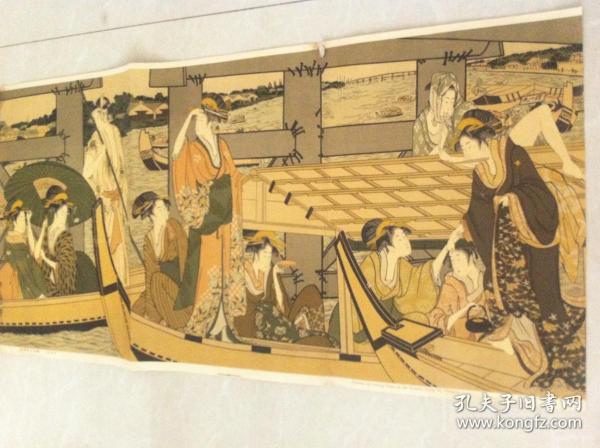 日本回购古美术；名家浮世绘画，古艺术 硬纸，歌磨笔73.5cmx36.5cm