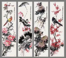 当代实力派书画家贠世保手绘  花鸟四条屏