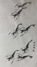 N097：国家一级美术师，娄师白国画作品《蝦》一幅，设色，纸本软片，100 x 50 cm。250.00