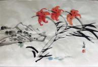 N072：著名画家刘文西花鸟小品《三朵牽牛花》一幅