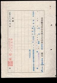 ［G2-33］台湾糖业股份有限公司人事室1958.05.03职员改派工作通知/总协理室管理师崔立人（安徽滁县人/东吴大学毕业/父崔树伯妻沈娟英）奉派担任董事会秘书并支职务加薪220元，18.5X26厘米。