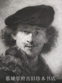 铜版/钢版画：克吕格《伦勃朗自画像》一幅 38X28（全大）/ 27X21（画心）Radierung von A. Krüger nach Rembrandt, Wien, Gesellschaft für vervielfältigende Kunst, 1889, 27x21,5 cm