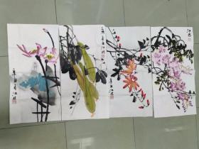 【保真】中美协会员 中国国画研究院人物创作室主任 尹江林 写意四条屏