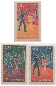 外国邮票，越南1964悲伤日，南北分裂10周年，地图难民，3全