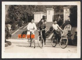 1958年，重庆北碚公园大门前，三人骑自行车留念照，当时年轻人喜欢的时尚姿态