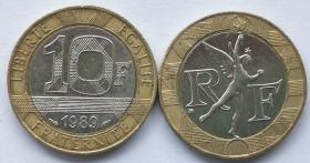 古钱币，老钱币，自由天使火炬纪念币  法国1988-2001年10法郎，双色金属纪念钱币，极为罕见，意义深远，正品保真，非常稀有难得，意义深远，可谓古钱币收藏的珍品，孤品，神品