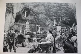 【百元包邮】《法国卢尔德朝圣地的岩洞圣泉》(vor dem gnadenbrunnen in lourdes）  1894年   木刻版画  尺寸约41*29厘米
