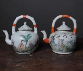民国茶壶一对瓷壶提梁壶粉彩小茶壶古董瓷器收藏