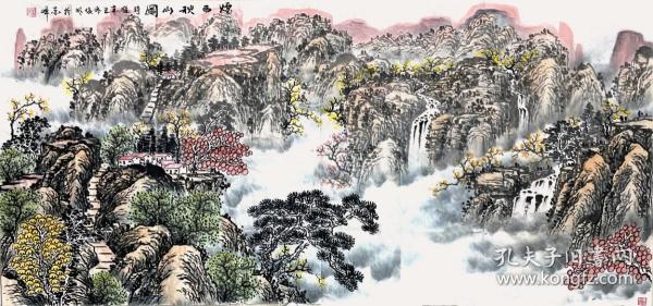 【取自畫家本人，保真】吳俊明，職業畫家，國家一級美術師,內蒙古美術家協會會員，中國書畫家協會會員,中國國際書畫院院士。近六尺山水畫6《煙雨秋山圖》（180cm×84cm）。