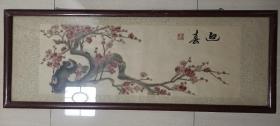 文革时期中国杭州制“红梅-迎春”贴绒年画（原镜框，规格37*107厘米）