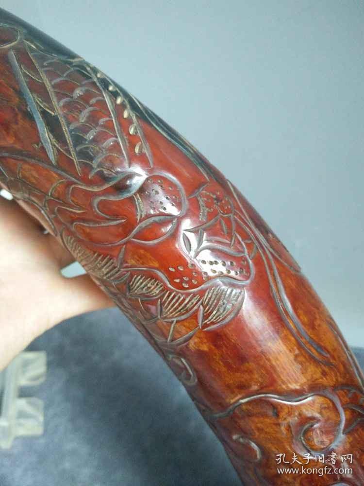 清代老牛角雕图角摆件