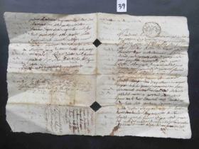 39#1747年7月法国贵族邮件原版公证手稿水印纸一份