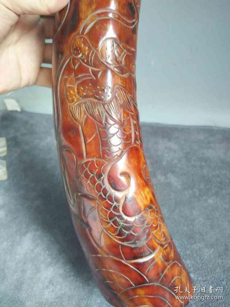 清代老牛角雕图角摆件.