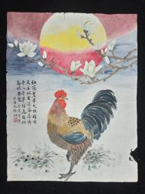 著名书画家、杨炯、手绘原创花鸟画真迹、雄鸡图、画心尺寸：69*53厘米