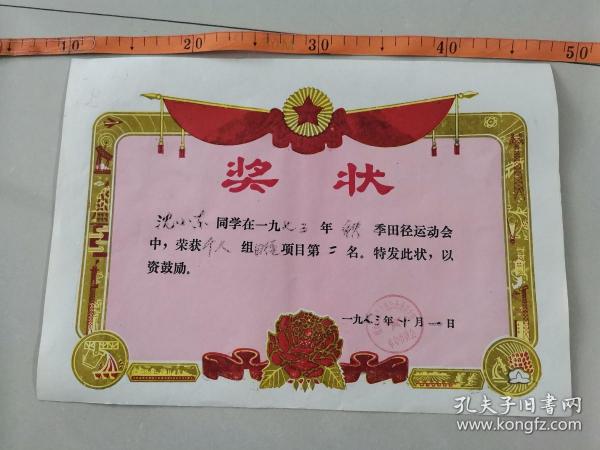 1973年山东济宁微山县秋季田径运动会田径项目第二名奖状