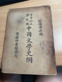 中等以上学校用   中国文学史纲   欧阳溥存编  商务印书馆1938年第5版  可能缺一个封底   里面批注字迹  比较多   内容完整  J42