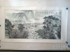 陈清，水墨手绘山水画横幅一副，作者不识，旧裱，画心尺寸98x51
