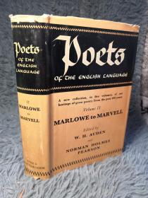 1952年  POETS OF THE ENGLISH LANGUAGE  卷二   MARLOWE TO MARVELL  书顶棕色带书衣   18.5X12.5CM   500多页
