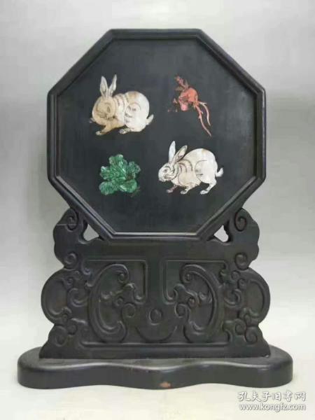 民國時期黑檀木插屏，貝殼鑲嵌雙玉兔，品如圖