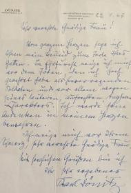 希特勒指定接班人 二战德国杰出的海军将领，著名的军事家、德国总统、 邓尼茨（Karl Doenitz）1967年亲笔信，这是一通德国海军上将卡尔·邓尼茨的亲笔信写于1967年1月23日，上款人为Mr.GranatFran先生，在这一通信件里面，卡尔·邓尼茨一改战争时期的严肃，反而显得谦逊有礼，祝福友人出院以及友人家人身体健康，在信件的最后他的落款为一个“真实的德国海军上将”。