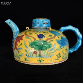 明永樂琺華彩魚藻紋壺古董收藏瓷器