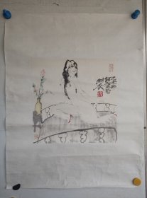 北京著名书画家何金拾，水墨手绘人物画画小品一副 旧托，画心尺寸34x34㎝