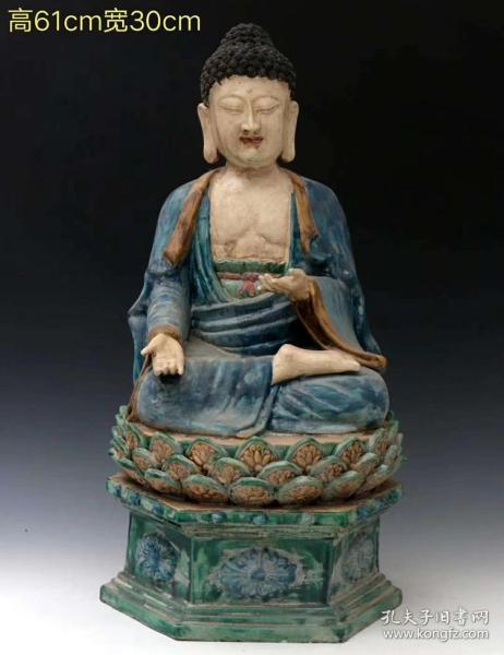 舊藏唐代唐三彩小開片釋迦摩尼佛祖坐像，器形規整，老化明顯，品相完整，成色如圖