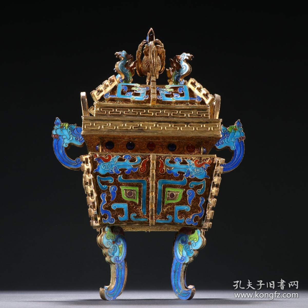 清代 银鎏金烧蓝饕餮纹双耳香炉.规格:高23.5㎝宽16㎝重792g