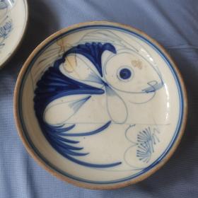 青花鱼盘中国博山福陶老鱼盘