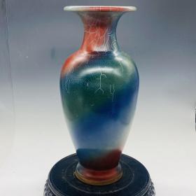 孔雀釉花瓶：此造型美观沉稳．庄重大方，手工制作，做工精致，线条流畅自然，胎质细腻光滑，老味十足，值得收藏。尺寸34x16厘米