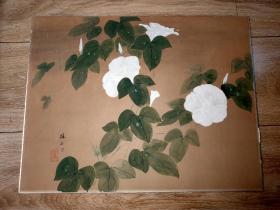 日本回流:早期 国画卡板 梅石绘 牵牛花（40.5厘米✘31.5厘米）