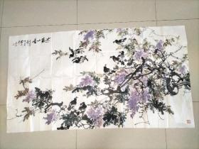 四川著名书画家 张昌炜（张逸鸿）一张6尺整纸（紫藤八哥）横幅，巨幅大尺寸180x96 保真包手绘
