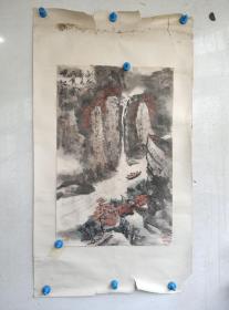 约九十年代 《峡江行》老山水画一副 托片 品相较差 作者不详 尺寸68x42 实物拍摄 包手绘非印刷品