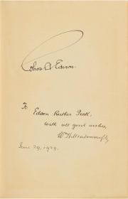 爱迪生签名书《爱迪生的童年时光》，NY: Harper & Brothers 出版, 1921年。硬精装皮, 5.25 x 7.5, 367页。在书的首页爱迪生用黑色墨水签有署名Thos. A. Edison，同时在下方本书作者撰写有“To Edson Ruther Peck, with all good wishes, Wm. Meadowcroft, June 29, 1929.”