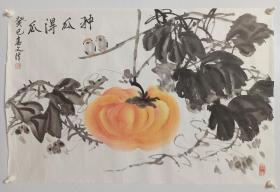 有几个小裂，纯手绘国画作品字画书画条幅 寓意好画工精湛品相佳   纯手绘南瓜图