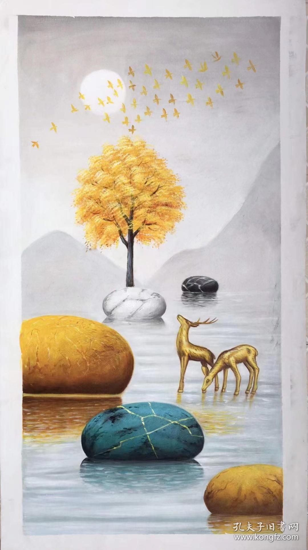 油画 发财鹿,60*120