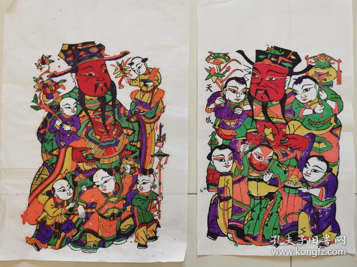 八十年代朱仙镇木版年画五子夺魁一对非物质文化遗产