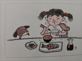 日本画家小泉澄夫手绘吃鱼女孩，出版物原稿。