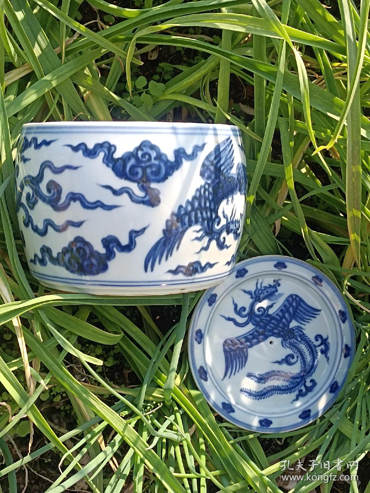 大明山德年制 明代宣德青花双凤纹蟋蟀罐 精品宣德瓷器收藏